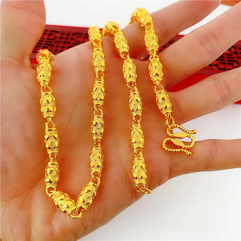 

Vietnam Placer Gold Men's Necklace Fashion Three Beads Hexagon Solid Chain Brass Plated Thai Jewelry Wholesale