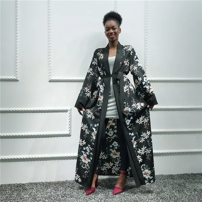 

Muslim printing long dress floral open abaya-LR217, Black