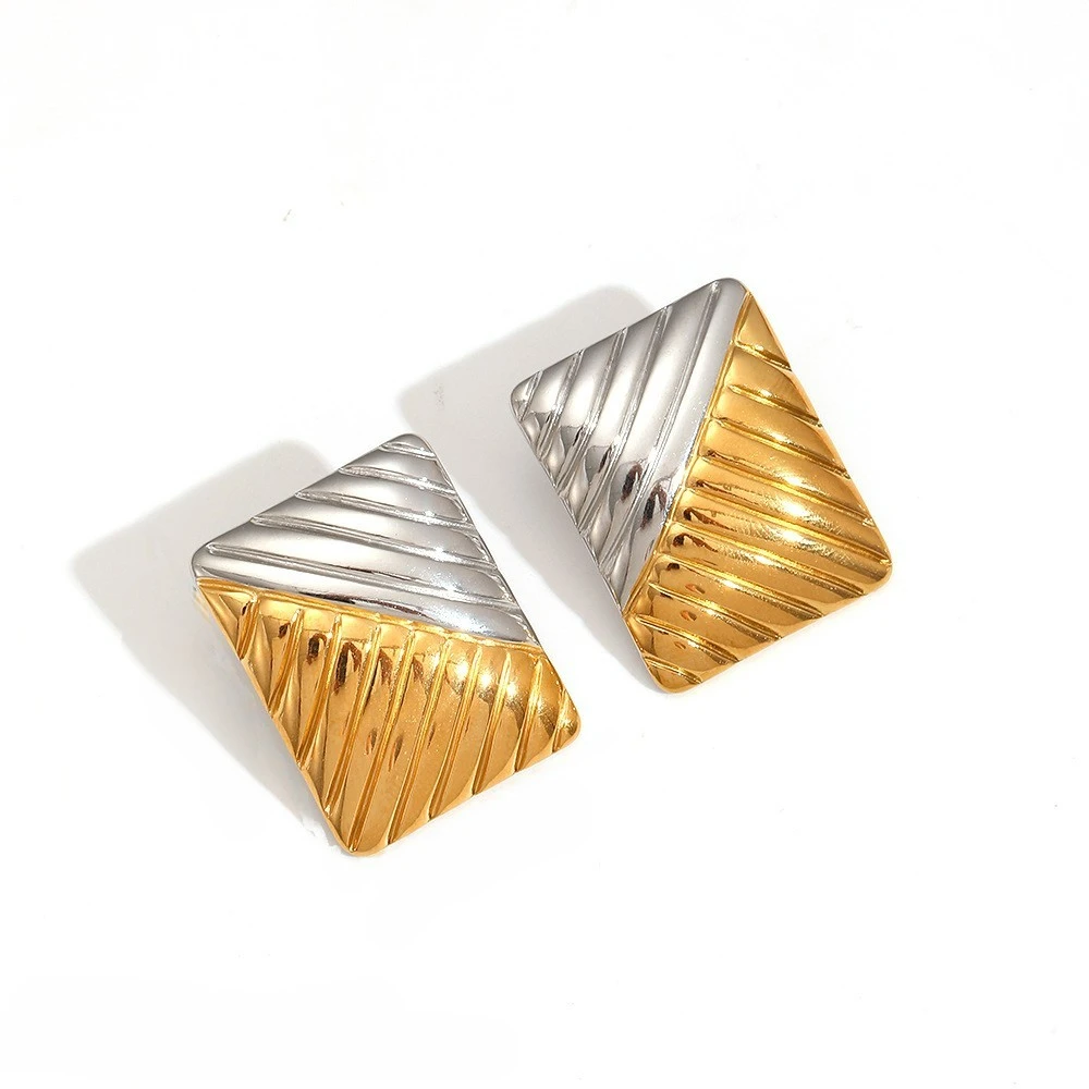 Waterproof 18k Gold Plated Geometric Earring Hypollergenic Stainless Steel Two Stone Retro Striped Earrings YF6033