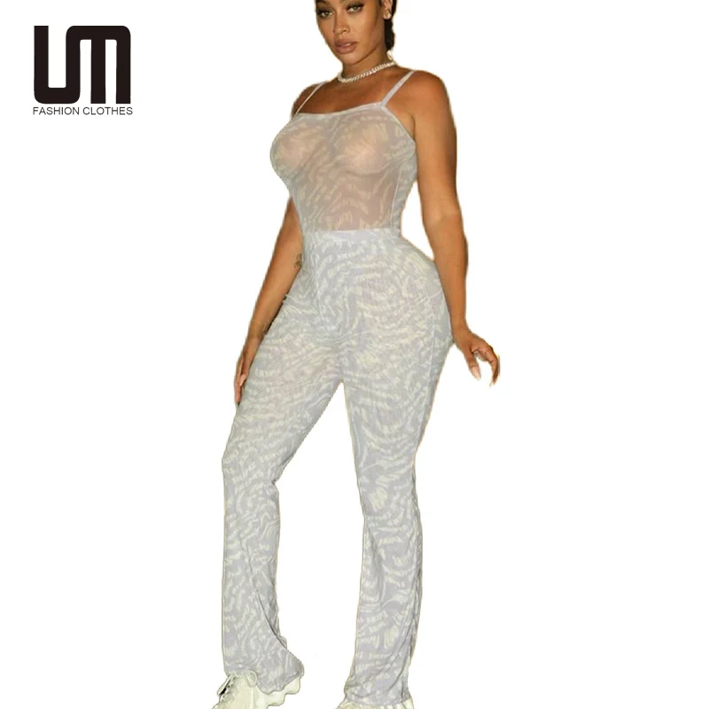 

Liu Ming New Wholesale Women Sexy Mesh Outfits Transparent Bodysuit And Print Leggings Set, Customized color