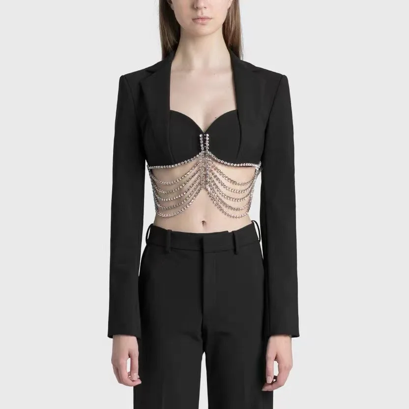 

Spring women"s Fashion Pure color long-sleeved black small suit with diamond chain fashion star two-piece suit, Custom