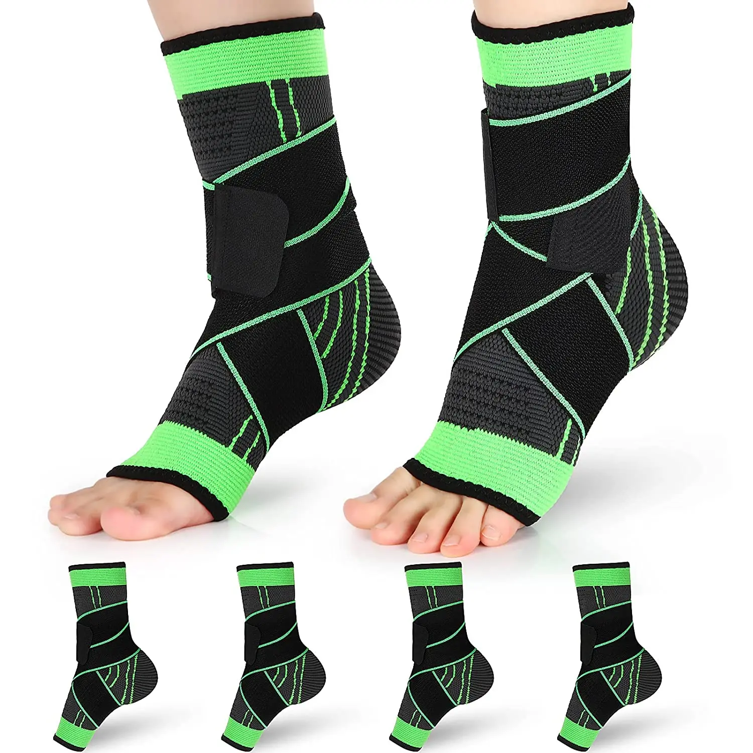 

Adjustable Ankle Sport Wrap Ankle Compression Sleeve Foot Brace for Football Volleyball Running, Green black