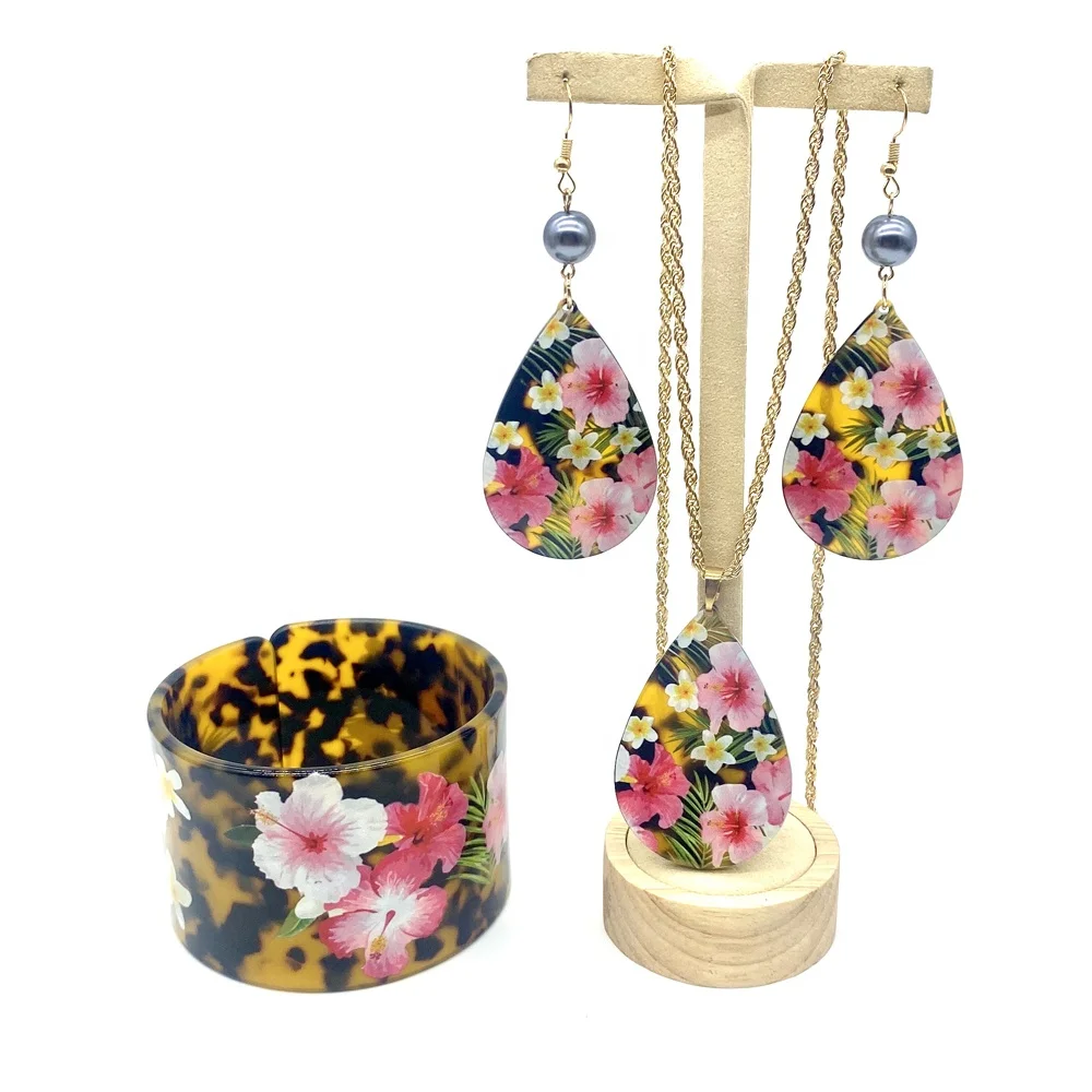 

Women Jewelry Set With Plumeria Flowers Bracelet Necklace Earring For Pacific Islands Polynesia Girls Ladies, Mix colors