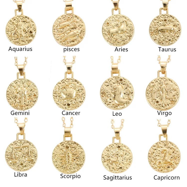 

Amazon Hot Selling Embossed Gold Round Pendant Necklace Zodiac Coin Necklace Jewelry