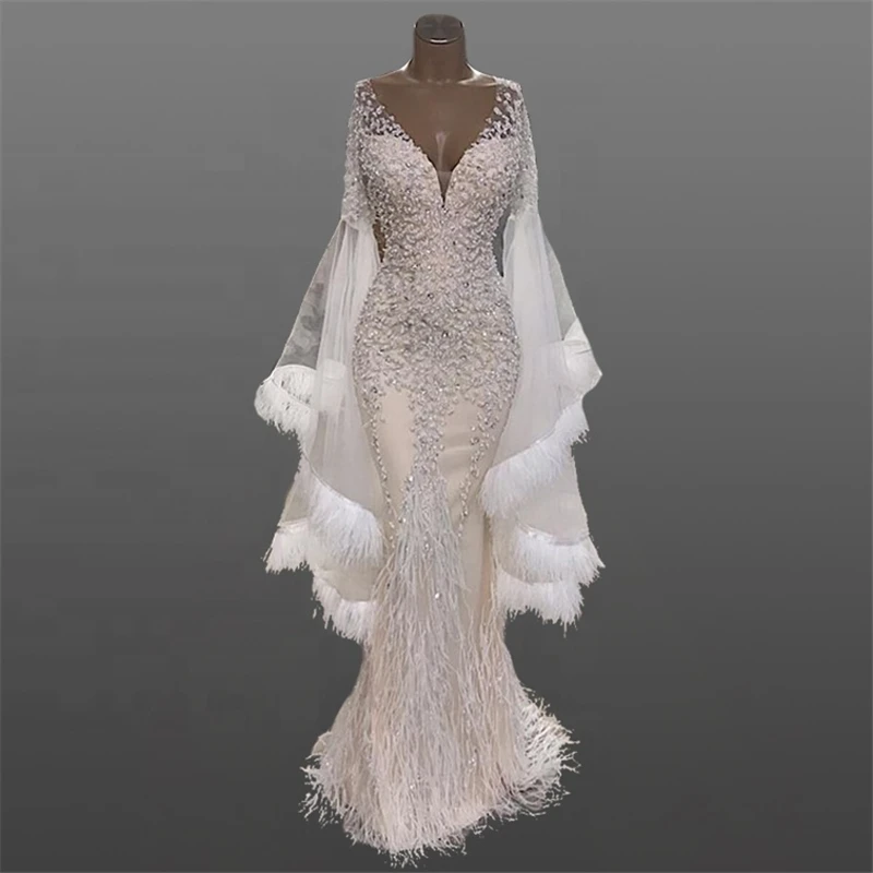

High-end Bat Wing Sleeve Beading Wedding Dress Sexy Deep V Crystal Wedding Gown