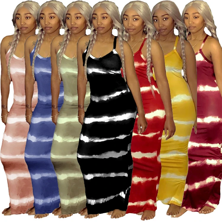 

DUODUOCOLOR Seven color new Summer 2021 printed clothes sleeveless striped maxi dresses women casual D97600