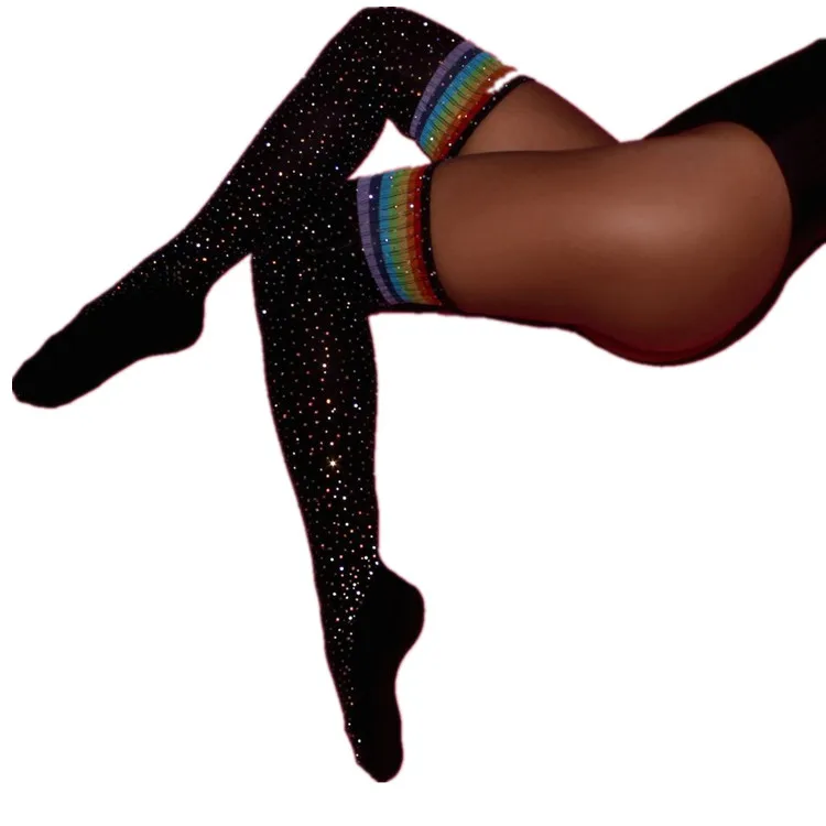 
Hot sale womens girls Fashion glittering long knee thigh high socks hot rhinestone color striped Over Knee High Socks 