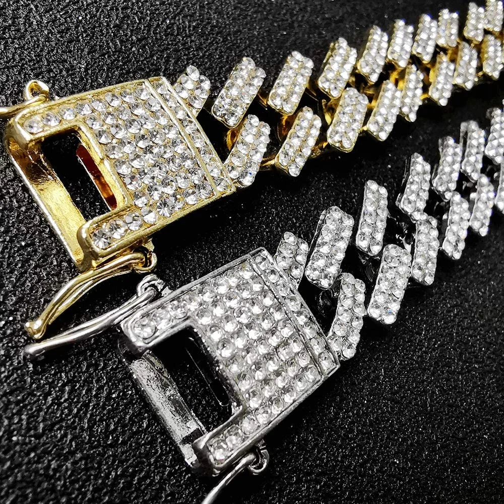 

Hip Hop Jewelry 13MM 12MM Iced Out Chain Necklace Diamond Jewelry Stainless Steel Cuban Link Chain, Gold/silver