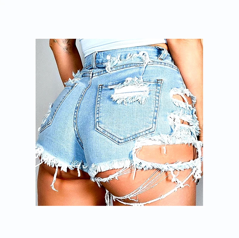 

2022 New Fashion womens jean shorts Irregular torn hole stretch denim short jeans pants for woman, Light blue, blue