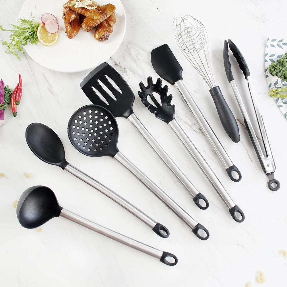

Silicone Cooking Utensils Kitchen Utensil Set Tools with Wood Handles Turner Tongs Spatula Spoon BPA Free Non Toxic, Black and silver