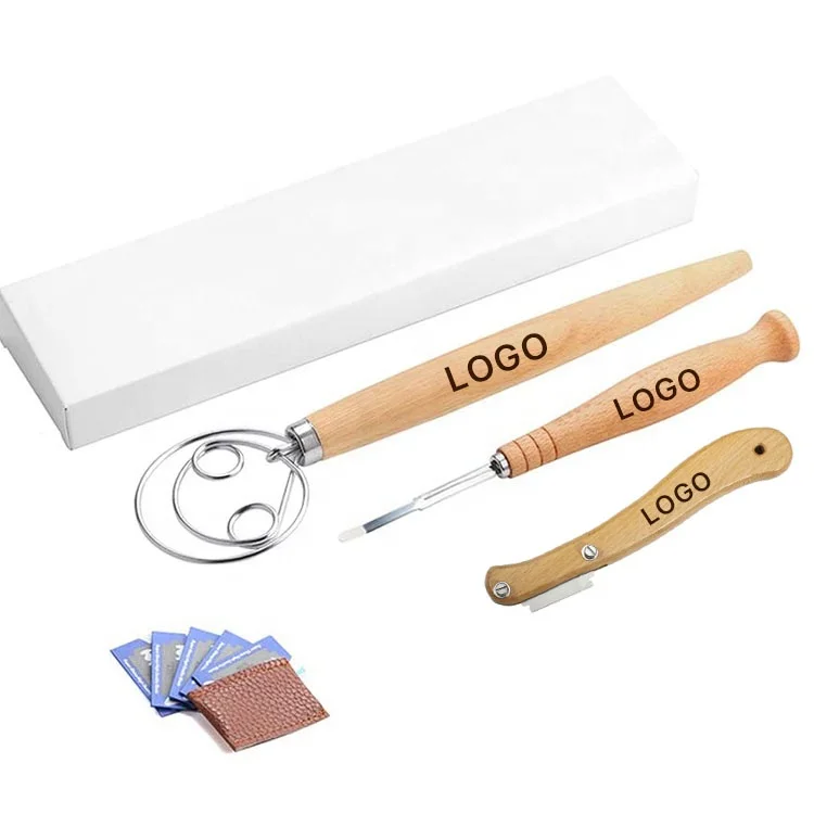 

Luxury Home Bread Baking Tools Stainless Steel Natural Wood Hand Custom Laser Logo Private Label Danish Dough Whisk Set, Natural color