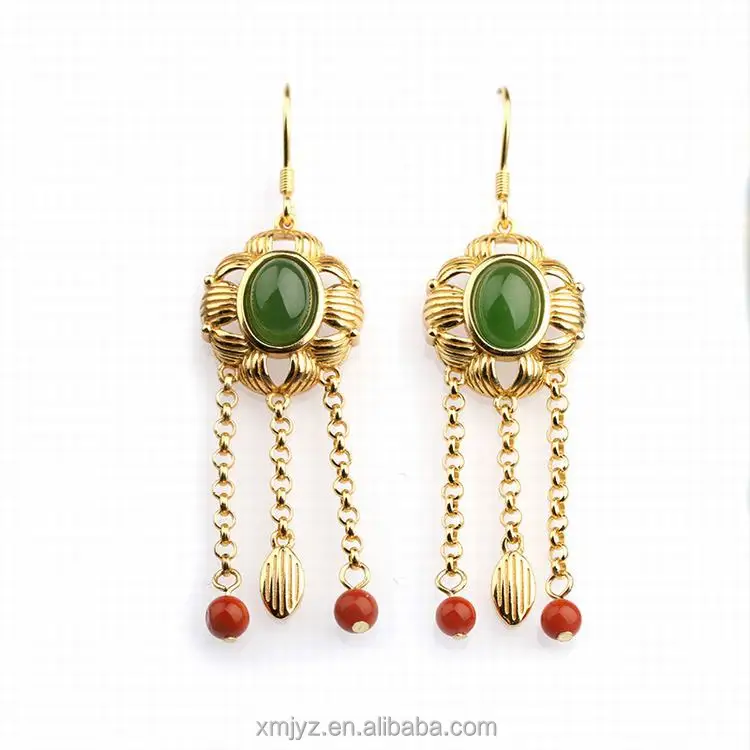 

Certified Natural Hetian Jade Jasper Earrings S925 Sterling Silver Plated Thick Gold Inlaid Hetian Jasper 47