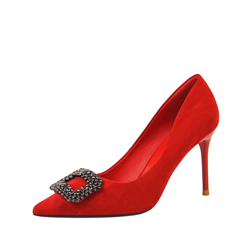 

963-1 women's shoes wedding shoes fine high heel suede shallow mouth was thin pointed rhinestone buckle single shoes high heels