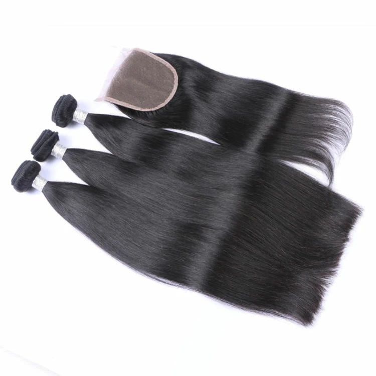 

Large Stock Natural Black Straight Brazilian Hair Bundles With Closure 4x4