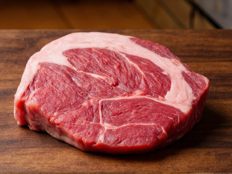 Raw feather blade steak with visible marbling on butcher block