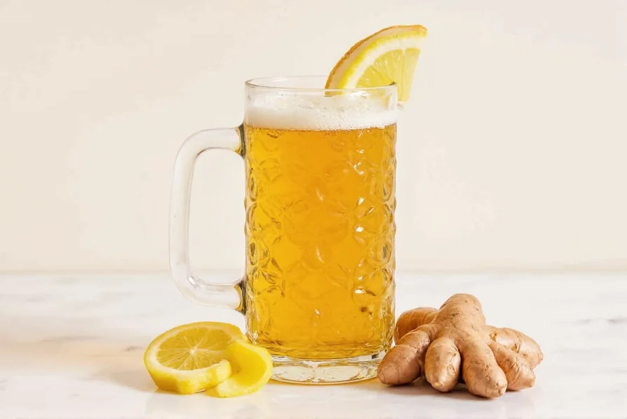Close-up of fresh ginger root next to bottle of ginger ale with real ginger showing visible ginger particles