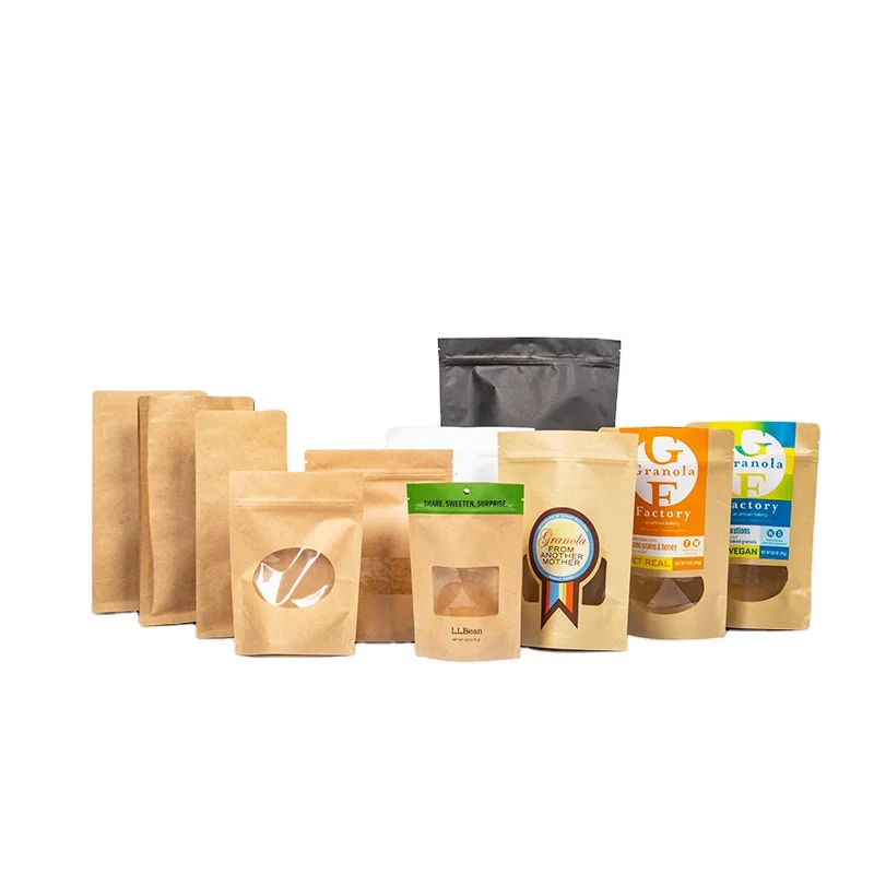 

Brown Kraft Paper Matte Clear Open Window Craft Flat Bottom Zip lock Stand up Pouches Food Packaging Kraft Paper Packing Bags