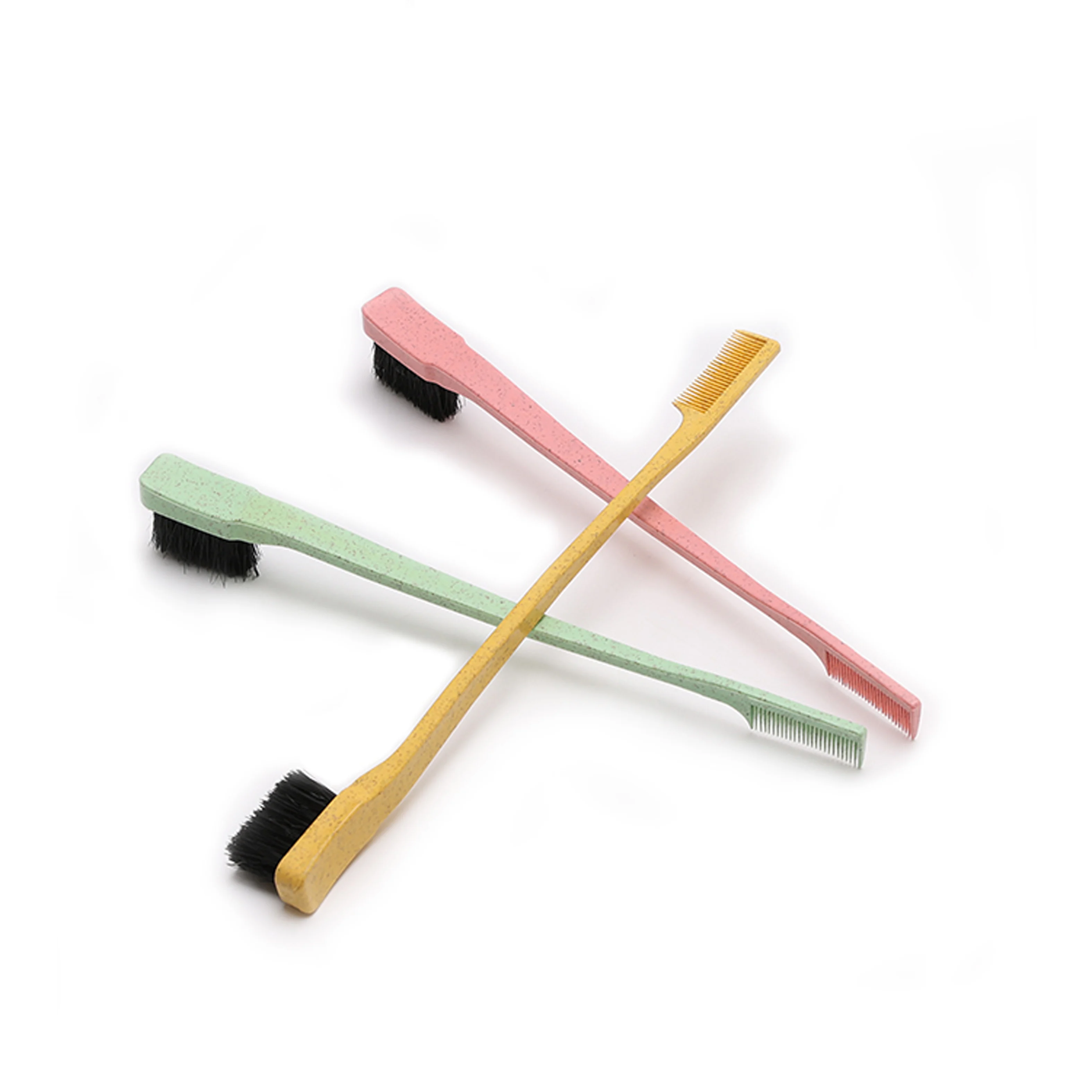

New Custom Logo Wholesale Double Comb Eyebrow 2 In 1 Hair Edge Control Brush, Green blue pink yellow hair brush