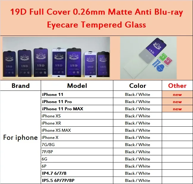 Anti Blu-ray Glass film For iphone x xs 11 pro max 6 7 8 plus 0.26mm 9H Explosion-proof Glass Screen Protector