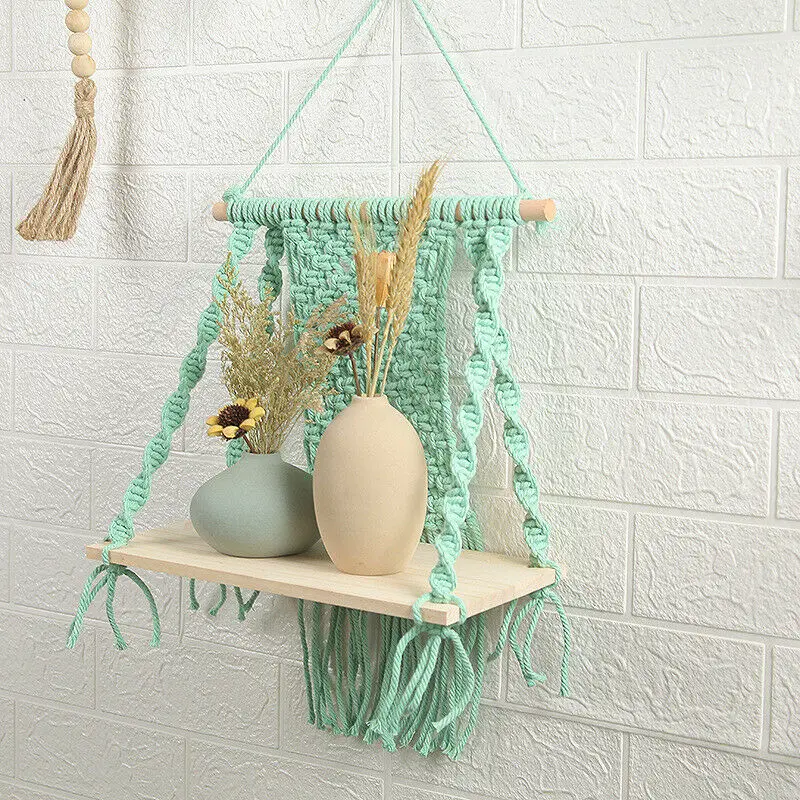 

Hot Sale Bohemian Macrame Tapestry Rack Hand-woven Ornaments Wall Hanging Plant Storage Wooden Shelves Home Decor