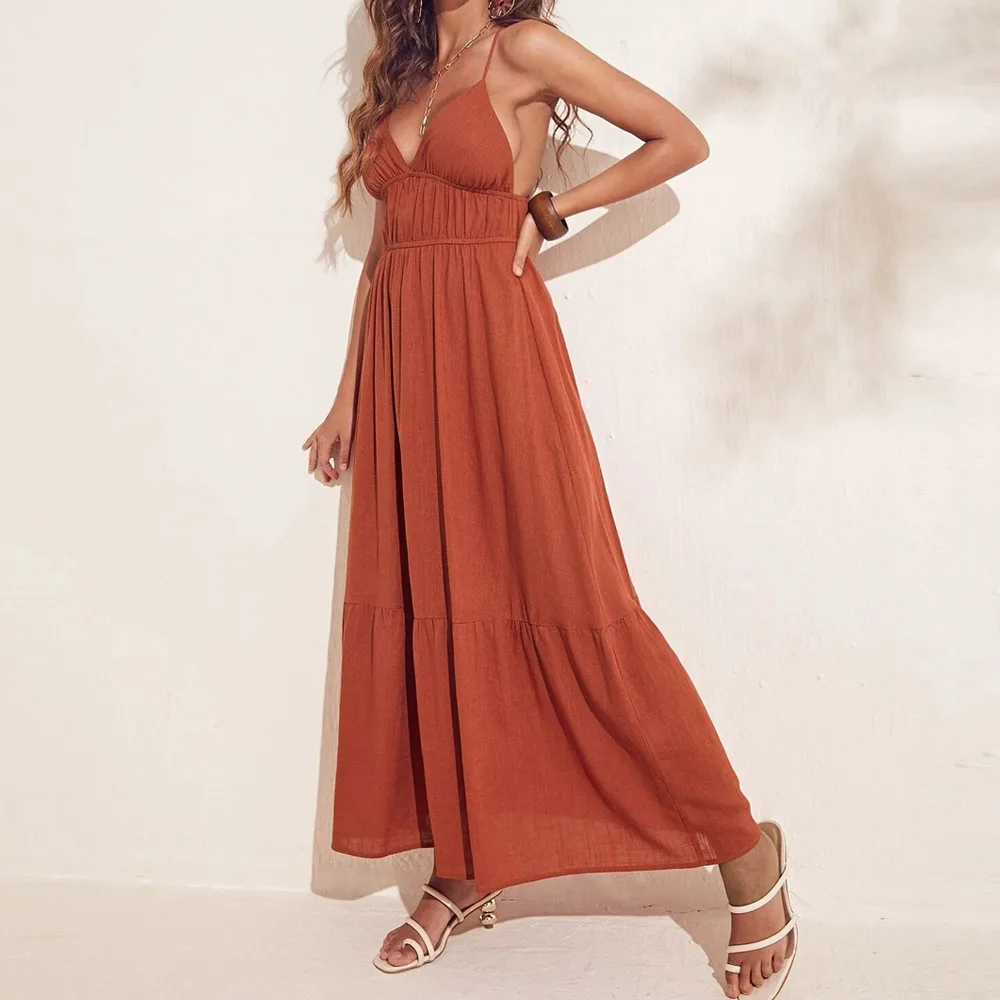 

Fashion Lady Backless Ruffle Hem Sling Dress Women Clothing Maxi Casual Solid Color Sexy Vintage Halter Maxi Dresses, Customized color