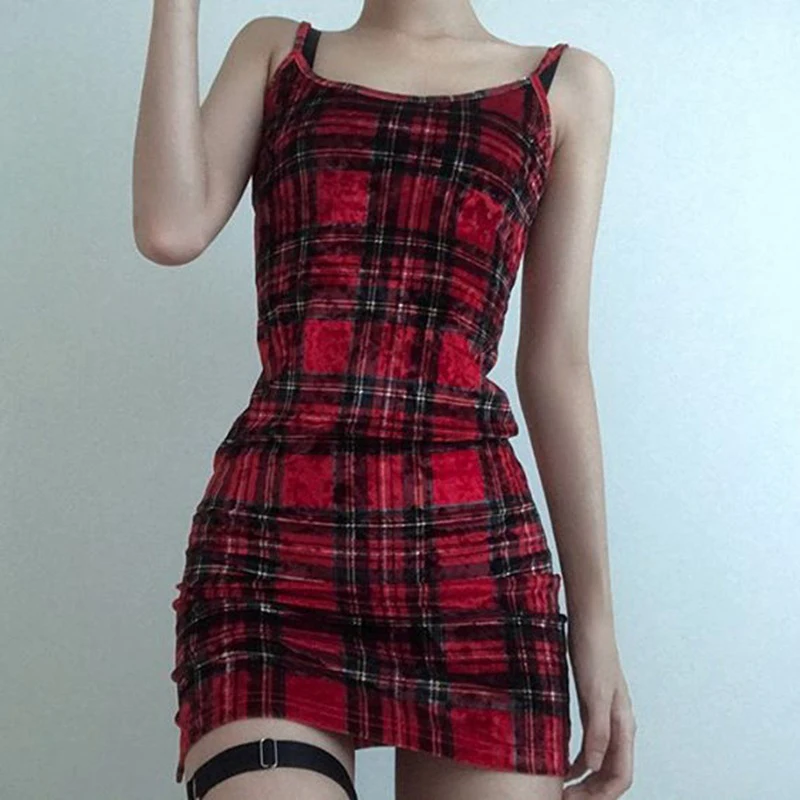

Summer Check Slit Backless Wrap Hip Women Sexy Sling Dress, Red