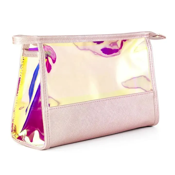 

makeup transparent clear tpu clutch cosmetic bag with logo zipper, Pink