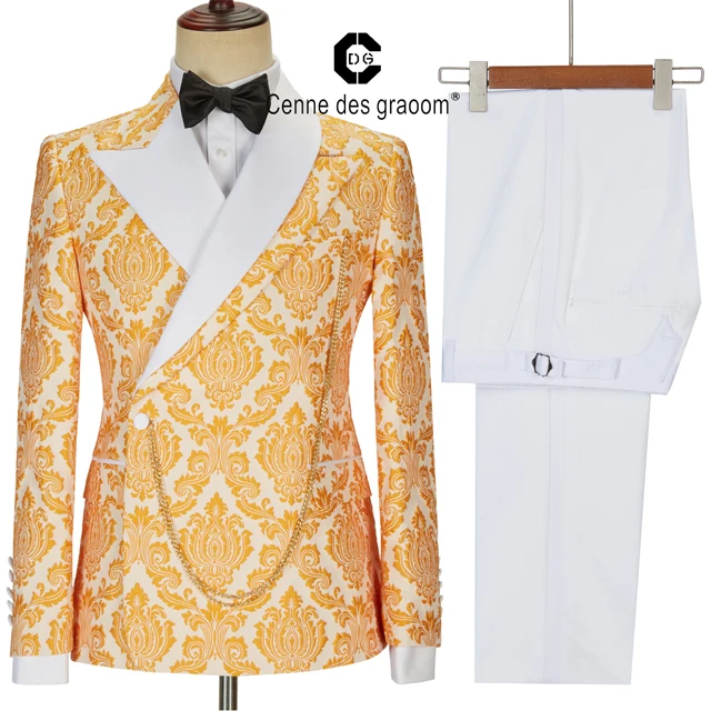 

Cenne Des Graoom New Men Suits Lapel Jacquard Floral Pattern Tailor-Made Tuxedo 2 Pieces Wedding Party Dinner Costume Homme, White