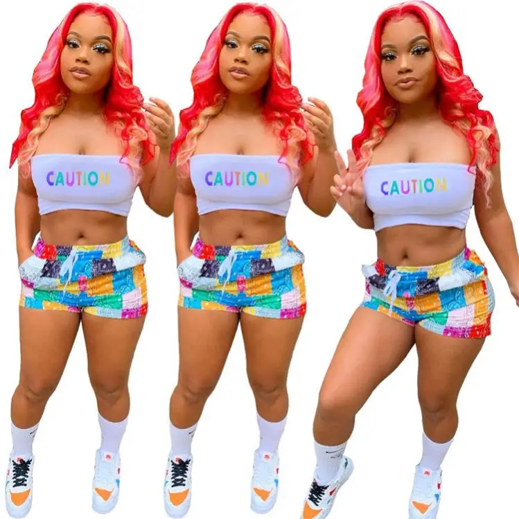 

Newest Design Women Clothes Summer Short Sleeve Letter Printed Draw String 2021 Womens Two Piece Short Pants Set