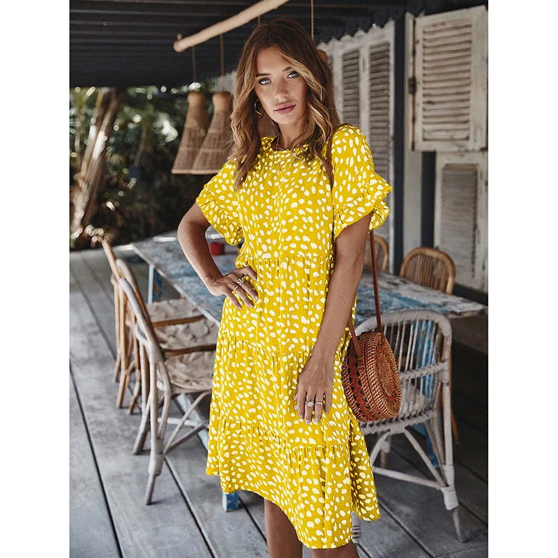 

Customizable Short Sleeve Floral Clothes Women Midi Dresses Casual Polka Dot Swing Thailand Rayon Dress