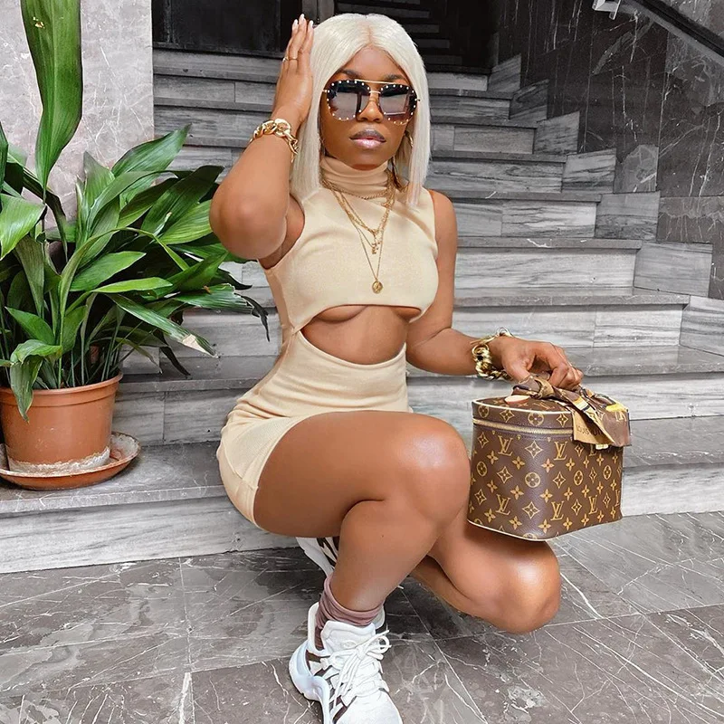 

2021 Solid Color Women Summer Turtleneck Sleeveless Hollow Package Hip One-step Women Sexy Dress
