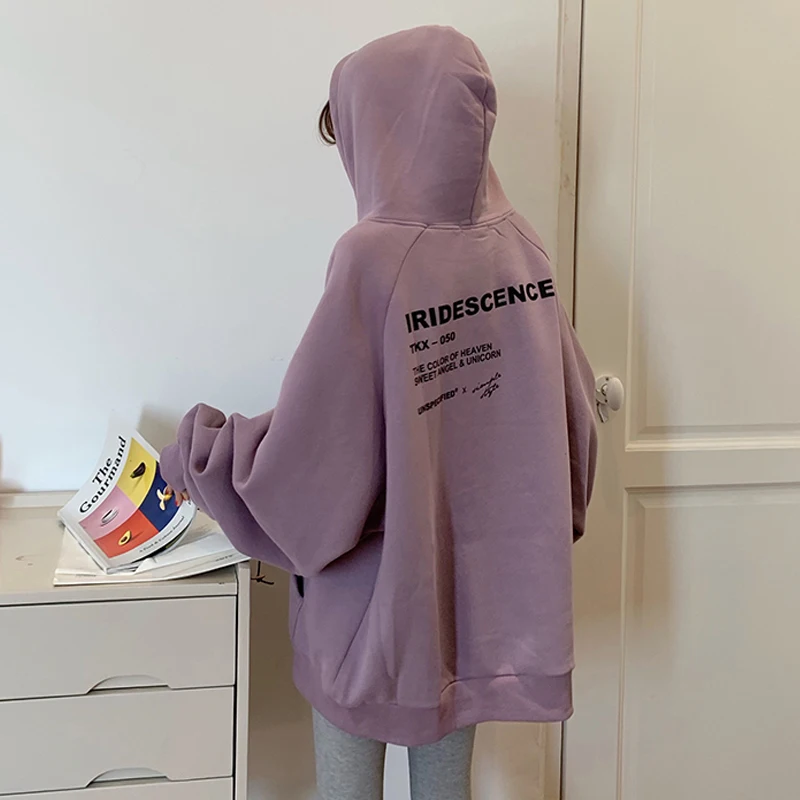 

Autumn Plus Size Clothing Women's Letter Print Loose Long Sleeve Pocket Hoodie, Purple;bule