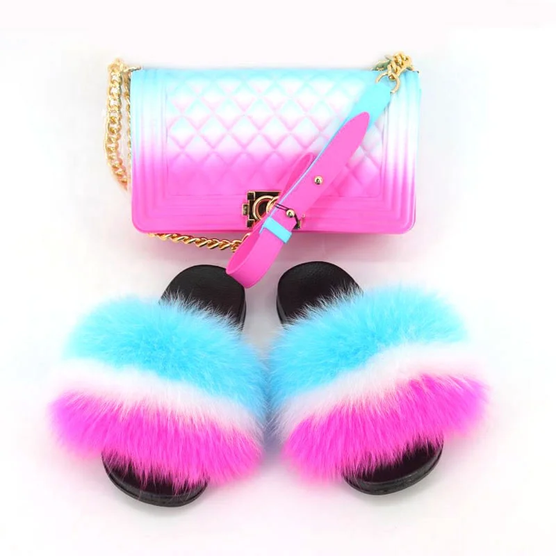 

Wholesale Colorful Indoor Party Furry Women Real Fox Fur Slippers with PVC Matte Jelly Purse Set