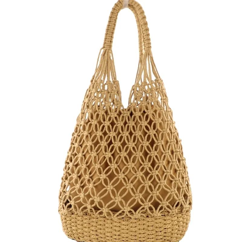 

Women Clutch Tote Handbag Top-handle Bucket Drawstring Handbag Beach Woven Handmade Fishing Net Bag