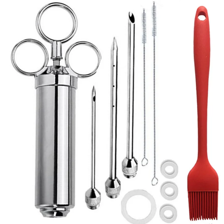 

Stainless Steel Turkey Steak Syringe 2OZ Needle Three Pinhead with Silicone Clean Brush Sauce Meat Injector, Silver