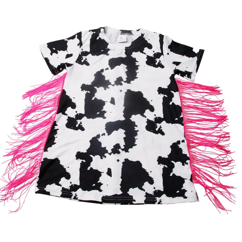 

Kids Boutique Clothing Summer Girl Dress Black White Cow Print Fringe Pink Tassel Baby Girls T-shirt Dress, Customized