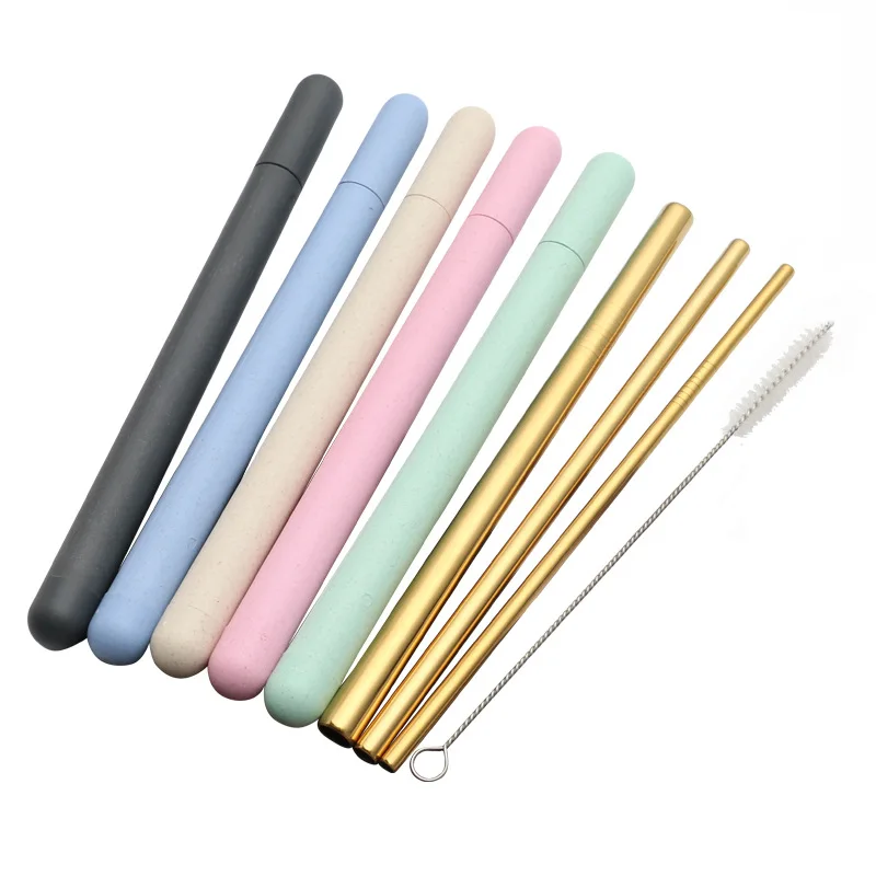 

304 stainless steel straw set, metal straw with wheat box metal straw with brush, Silver, gold, rose gold, black, blue, purple, rainbow