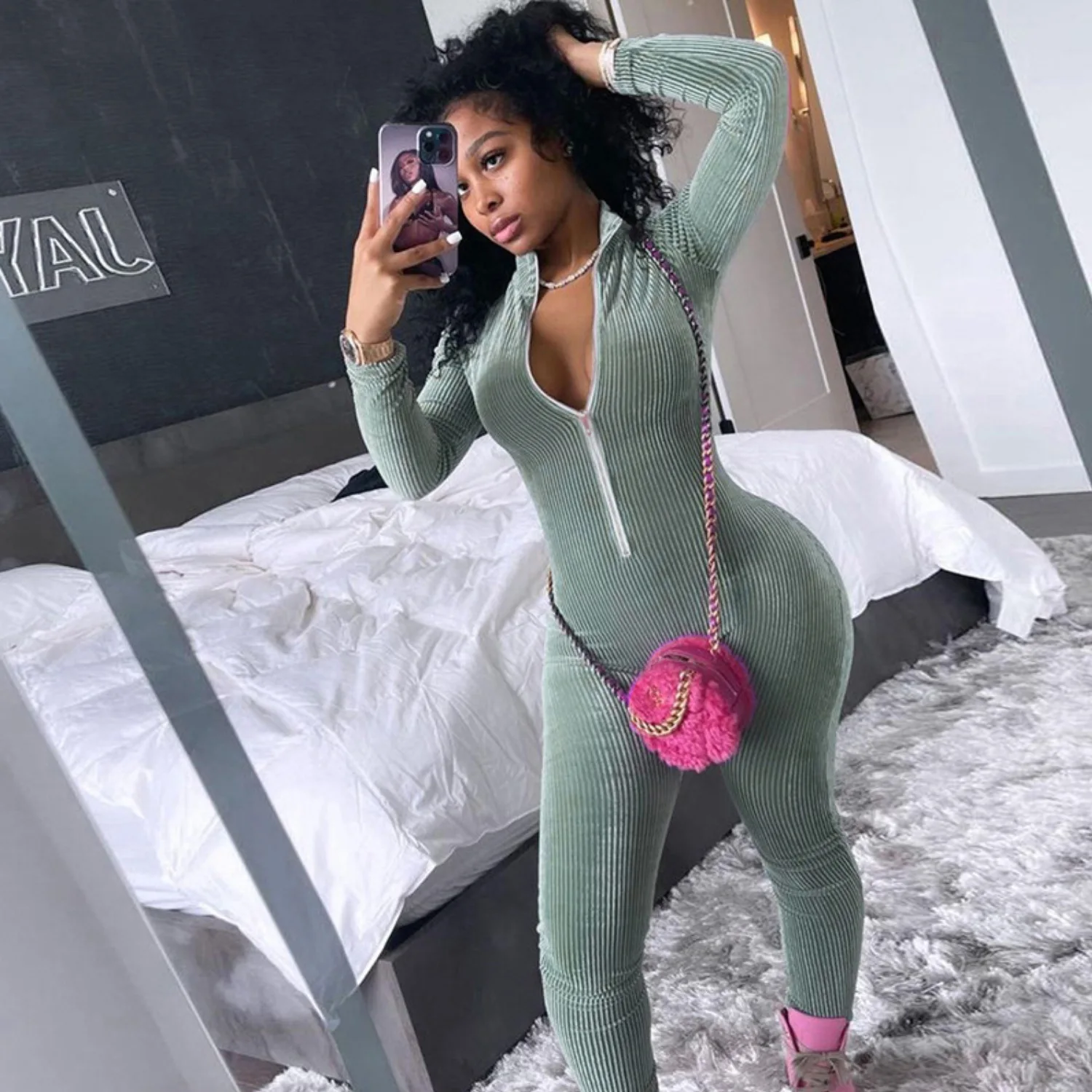 

Ladies Fall 2021 Fashion Zipper Long Sleeve Slim Knit Ribbed Rompers Women Clothes Bodycon Legging One Piece Jumpsuits, Pink,green