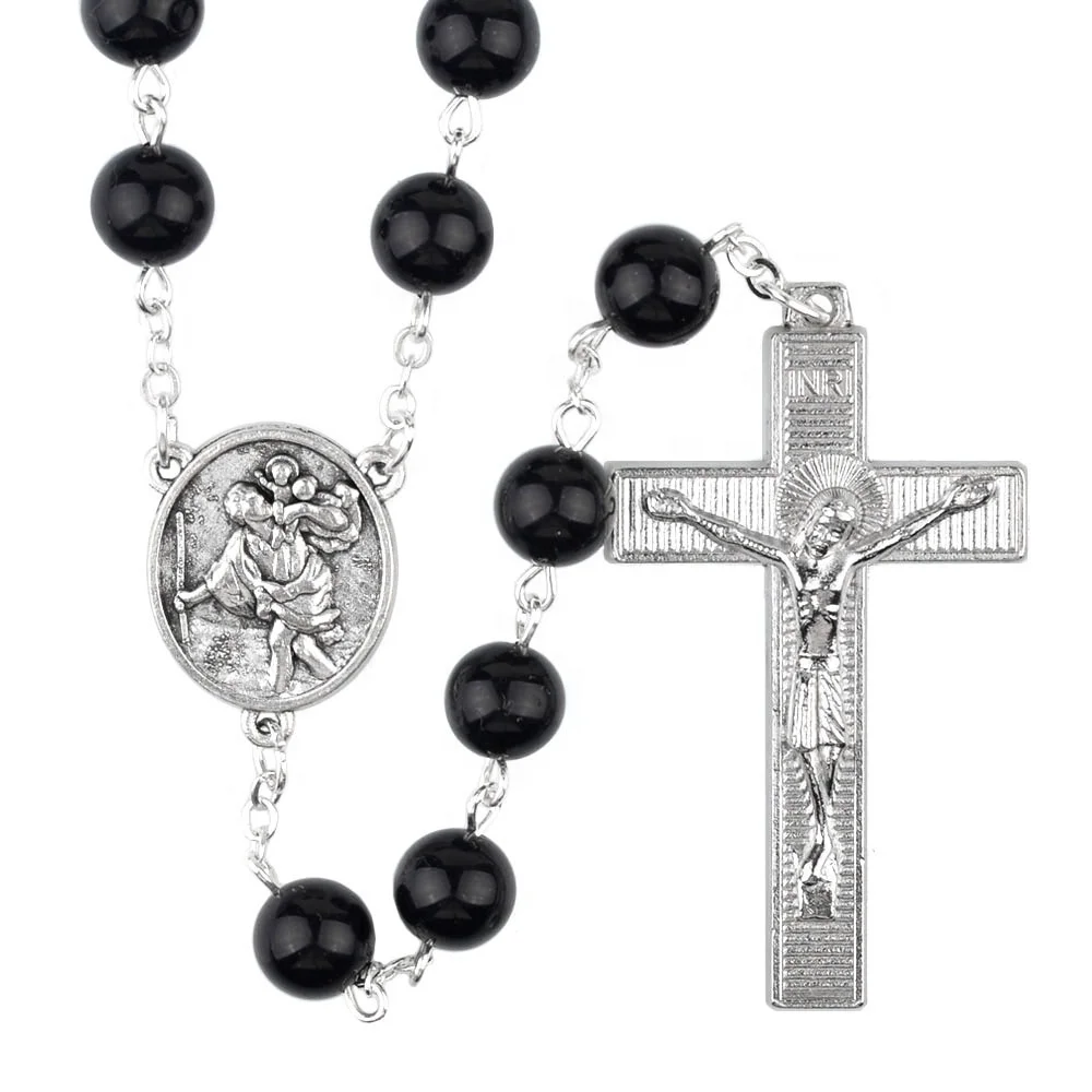 

Black Agate 8mm Beads Gardian Angel Cross Necklace St Christopher Religious Catholic Rosary