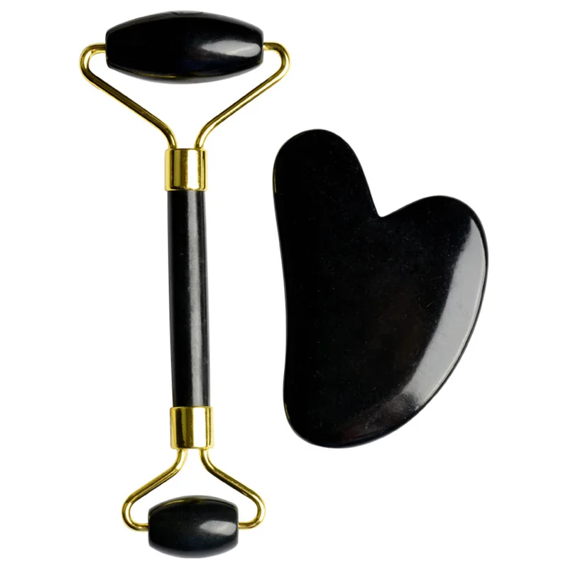 

wholesale price black obsidian jade face roller guasha set SPA Massage tools Best natural jade roller and guasha set