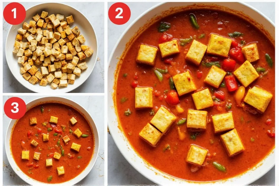 Step-by-step preparation of pepper chilli paneer showing golden paneer cubes with colorful bell peppers in glossy red sauce