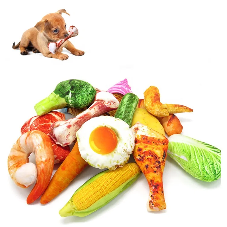 

Wholesale Interactive Soft Stuffed Plush Vegetable Bread Meat Food Bite Funny Lifelike Toys Squeaky Pet Chew Dog Cat Toys, As picture