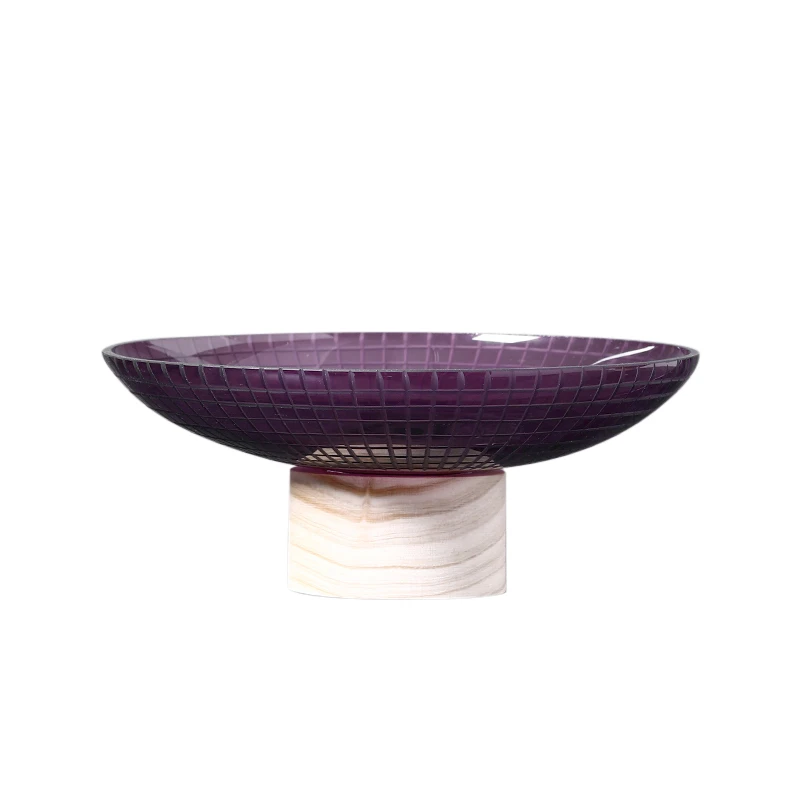 

Wholesale high quality transparent glass cake plate glass fruit plate with wooden base tea table ornaments, Yellow and purple