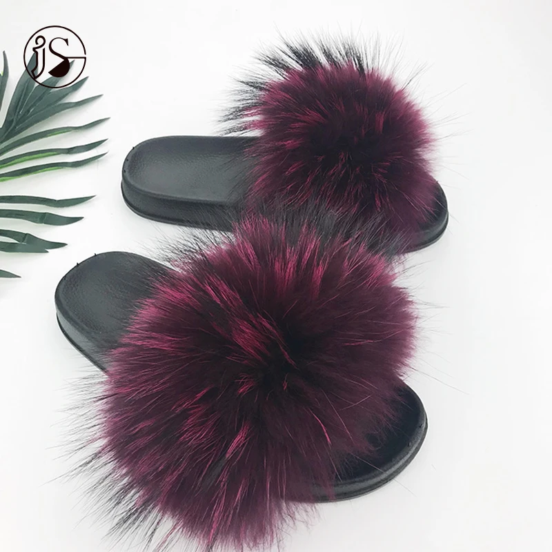 

Fashion wholesale price colorful fur slides soft outdoor slippers for women Real raccoon warm furry slippers 2021, Picture