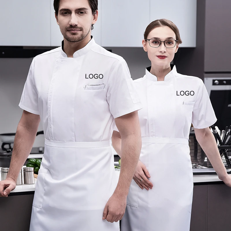 Unisex Short Chef Jacket with Black Tshirt Embroidery Polyester/Cotton Twill Fabric for Fast Food Restaurant Uniforms