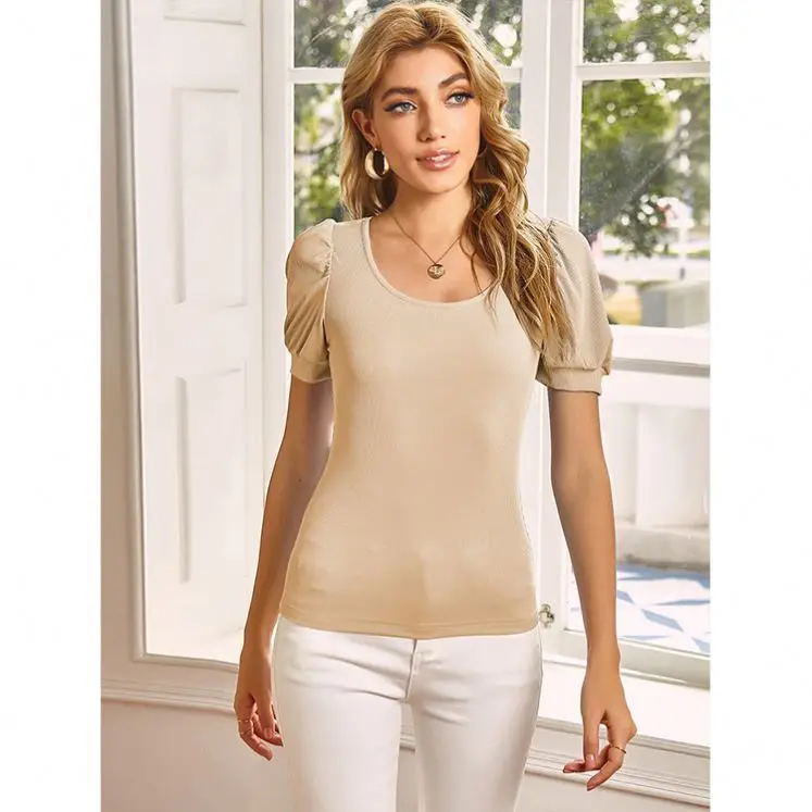 

PEARL Summer Short Bubble Sleeve Casual Crew Neck Women's Top Women Blouse Ladies Clothing