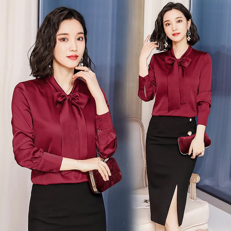 

Spring The New Long Sleeve Solid Color Satin Silk Bow Tie Women Satin Blouse