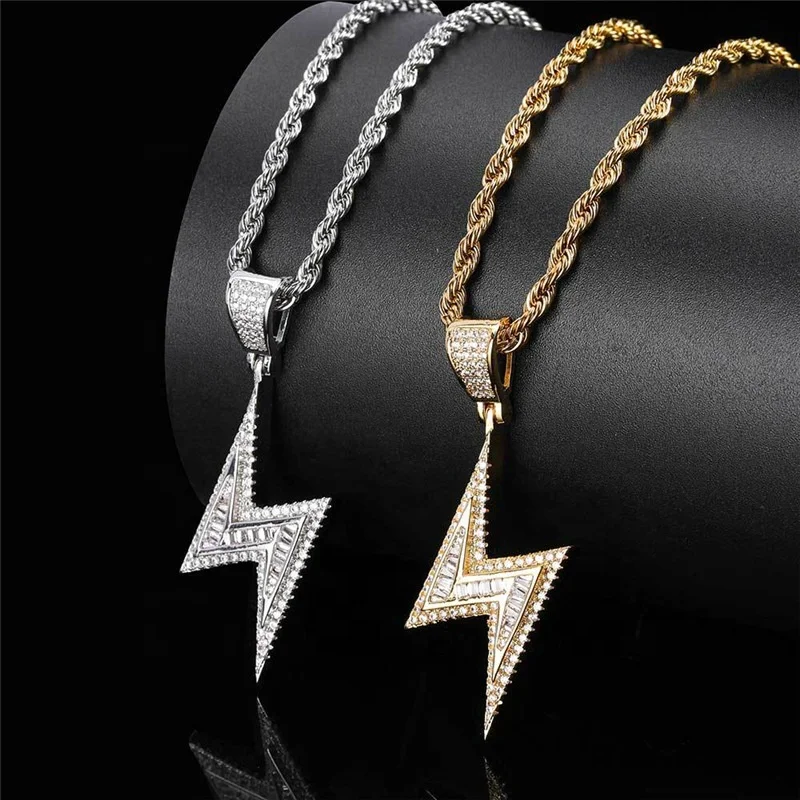 

Vintage Rock Jewelry Hip Hop Bling Lightning Brass Wavy Twist Stainless Steel Chain Cubic Zircon Pendant Necklaces For Women