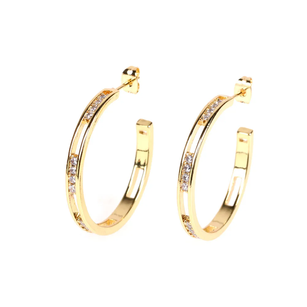 

Ins Fashion Vintage Zirconia Hoop Earrings Geometric 18k Gold Plated C shaped Hip Hops CZ Earrings, Silver gold