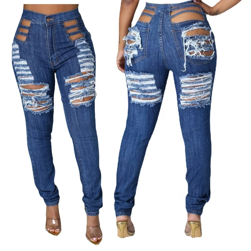 

D9551 Best selling stretch button jean trousers with hole ladies highwaist ripped distressed skinny jeans destroyed, As picture or customized make